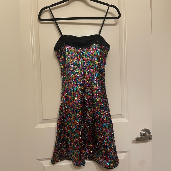 Lulus Spotlight Shimmer Black Multi Sequin Mini Skater Dress multicolor - Picture 5 of 10